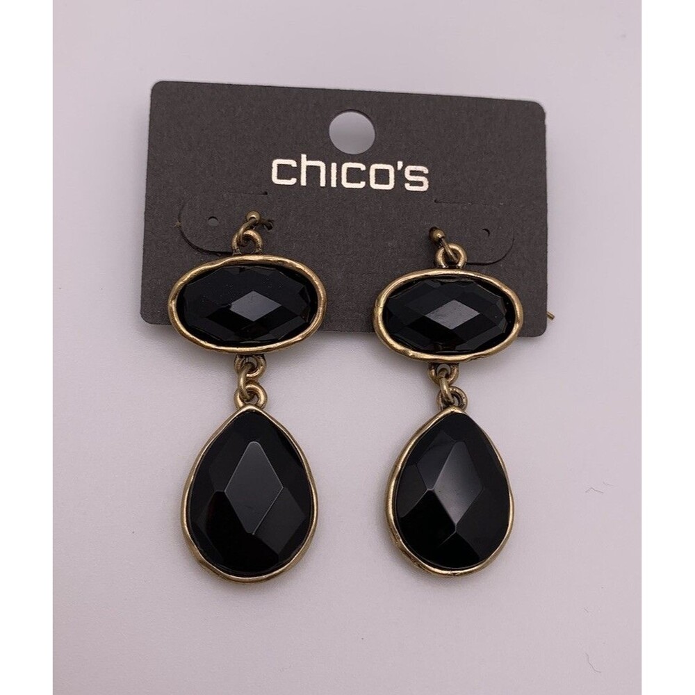 Chicos Dangle Drop Earrings Black Faceted Stones In Gold Tone Setting New